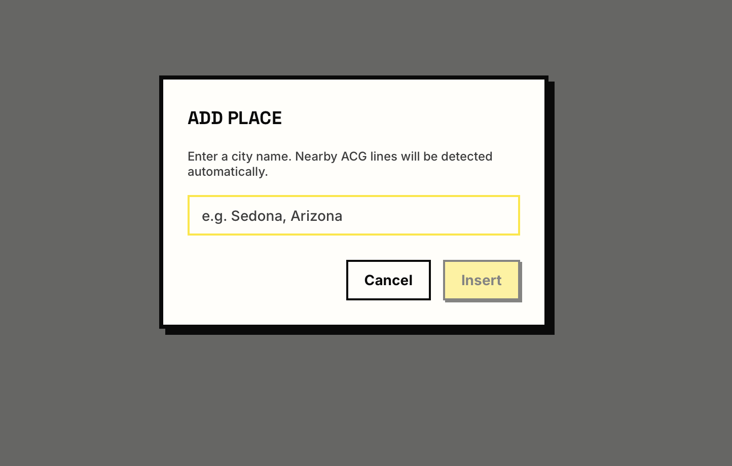 Place Callout modal — city input with automatic nearby ACG line detection