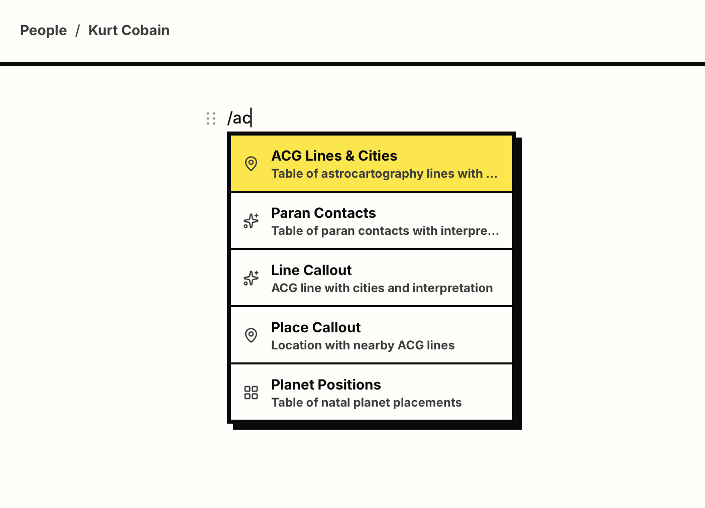 Slash command menu — structured data blocks inserted inline via /ac command