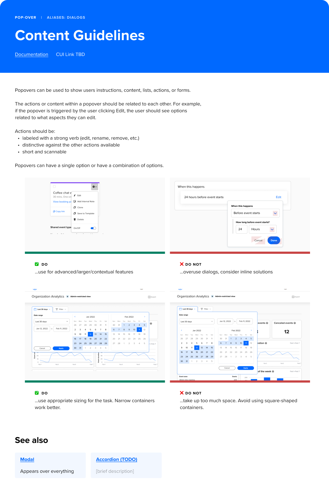 Content Guidelines — popover component documentation with do/don't usage patterns