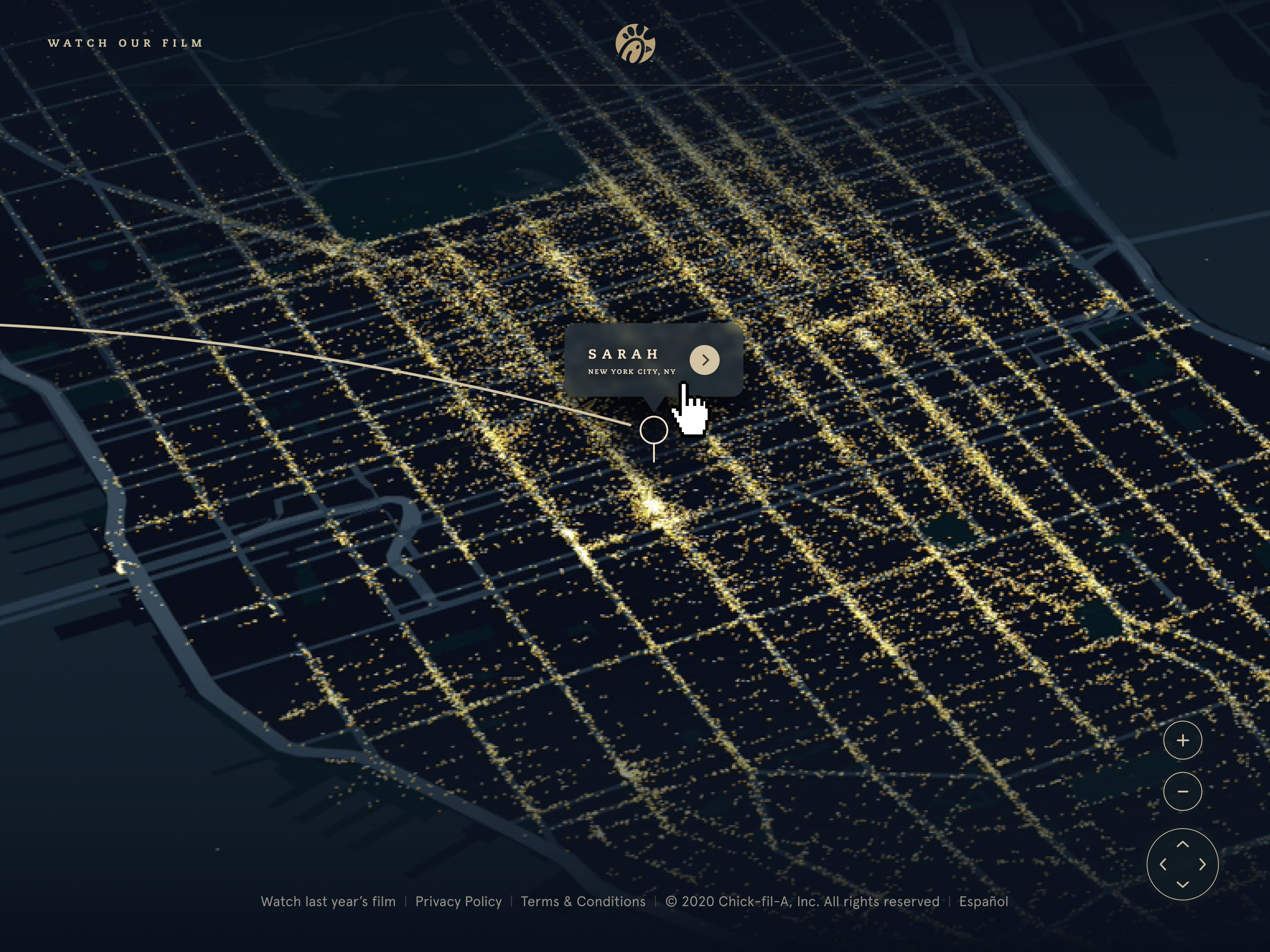 Evergreen — Full illustrated map view with golden city lights across a dark landscape