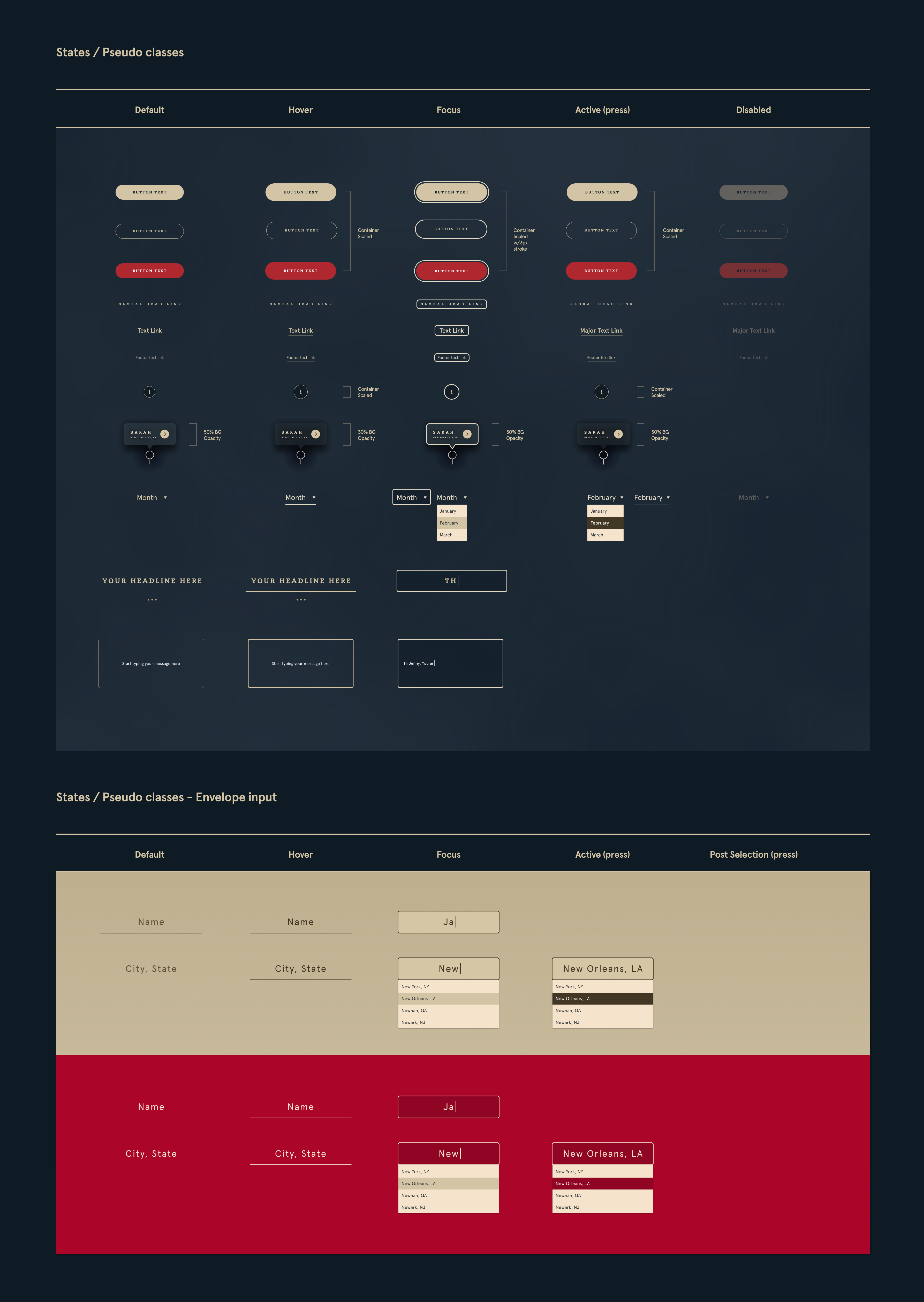 Component States — interaction states and type treatments