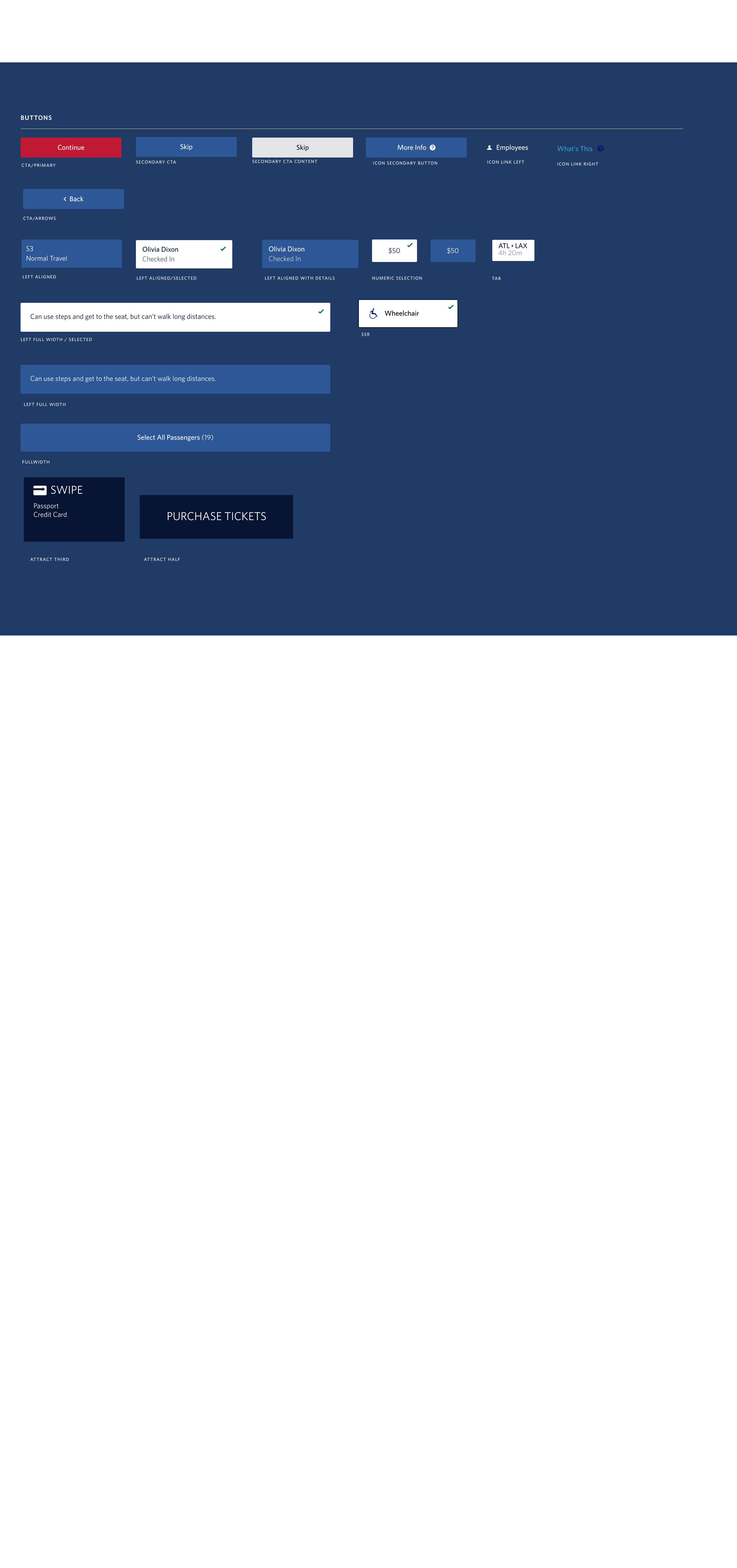 Kiosk button component sheet showing primary and secondary CTAs, selection states, tabs, full-width buttons, and attract-screen variants on the dark kiosk background