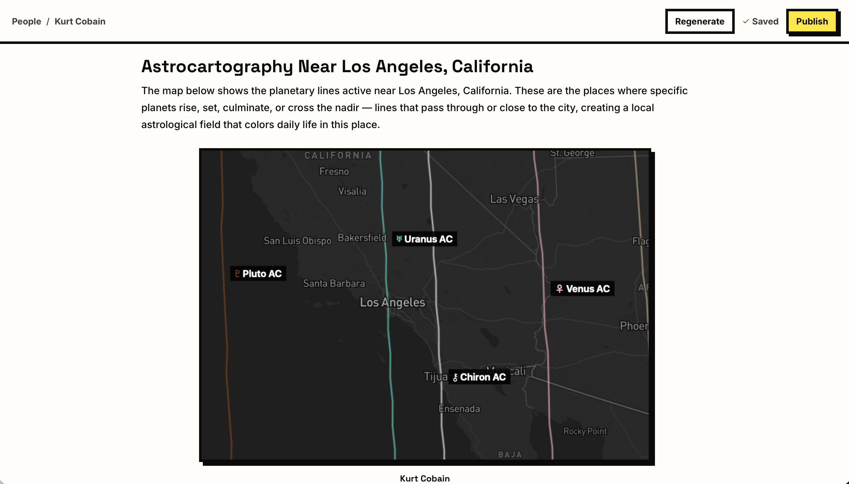 A map block in a report titled 'Astrocartography Near Los Angeles, California': a dark Mapbox map of Southern California with vertical planetary lines, each identified by a labeled chip — Pluto AC, Uranus AC, Venus AC, Chiron AC — and an introductory paragraph above the map